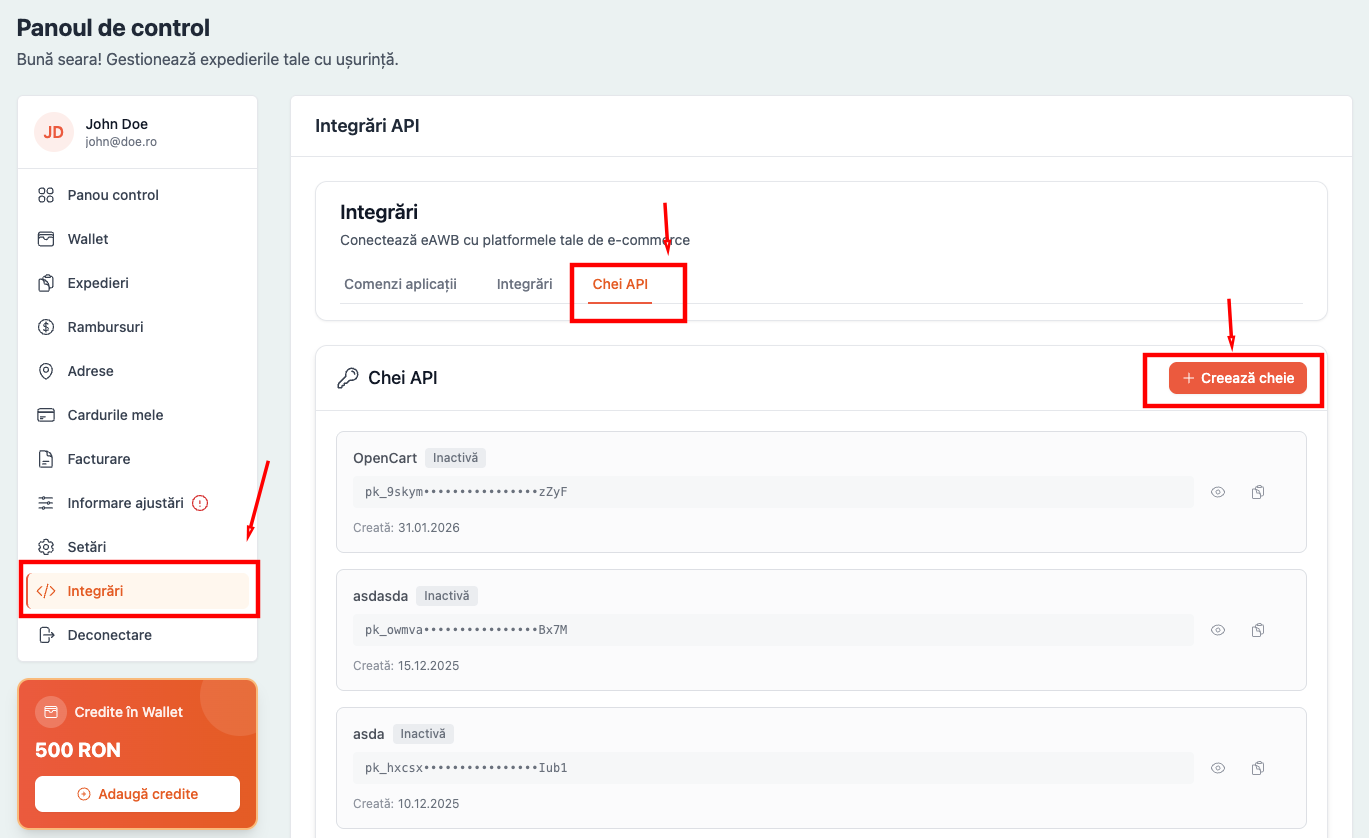 eAWB API Keys section
