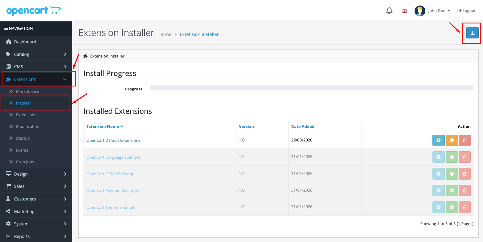 OpenCart Extension Installer upload