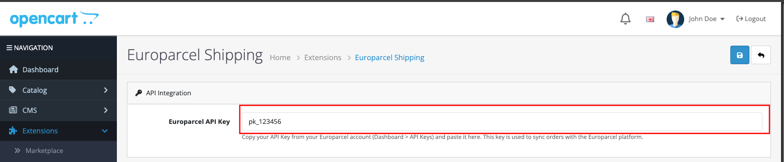 API Integration settings